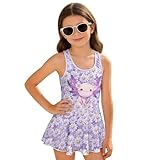 HUIACONG Axolotl One Piece Bathing Suit for Girls Skirted Size 10-11 Cute Big Girls One-Piece Swimsuit with Skirted Purple Daisy Modest Swimwear Big Kids Bathing Suit Summer Dress
