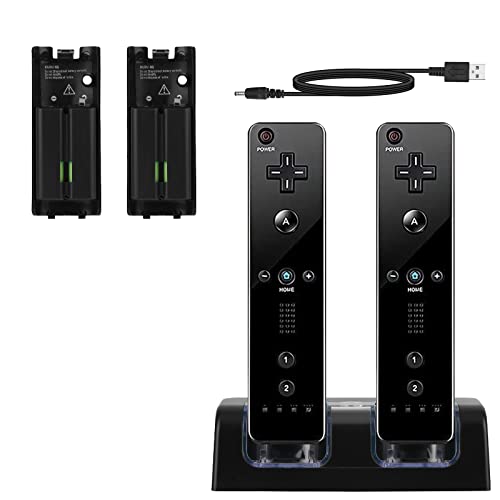 SANON Ladestation für Wii Fernbedienung,2 Port Ladegerät mit 2 Wiederaufladbaren Akkus & LED-Anzeige (Schwarz)