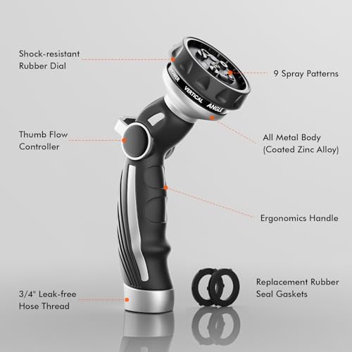 Image of RESTMO Hose Nozzle Heavy Duty, Metal Water Hose Sprayer for Garden | 9 Spray Patterns, High Pressure, Thumb Flow Control, On /Off Valve, Ideal for Outdoor Lawn & Plant, Car & Pet, Silver