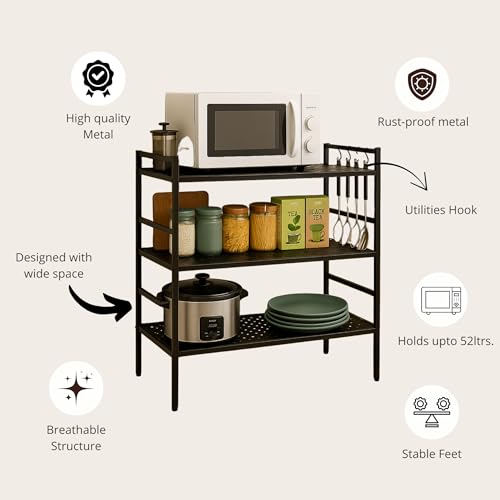Image of 3-Tier Microwave Oven Stand - Heavy-Duty Black Metal Kitchen Organizer Shelf for Microwave, OTG, Mixer Grinder & Appliances - Space-Saving Countertop Storage Rack