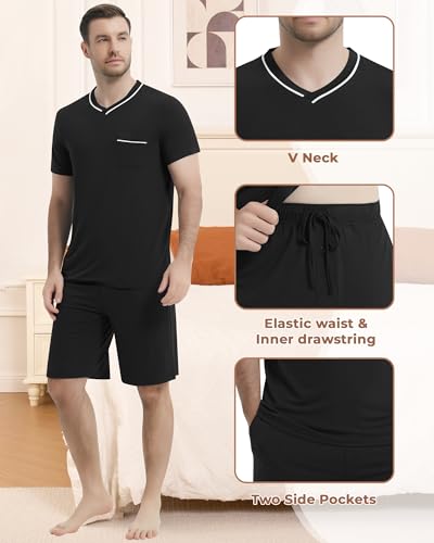 Image of NACHILA Pajamas Set for Men-Viscose Made from Bamboo, Short Sleeve Sleepwear Cool Pjs with Shorts Pants Soft Loungewear