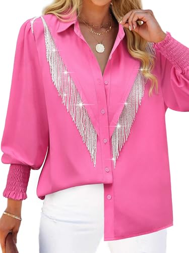 MYMORE Womens Hot Pink Western Cowgirl Rhinestone Fringe Shirts Top Disco Cowboy Rodeo Sparkly Long Sleeve Button Down Shirt Tops Nashville Country Concert Outfit Blouse Clothing L