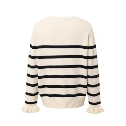Women's Striped Knit Long Sleeve Ruffle Sweater Ribbed Crew Neck Pullover Sweater2