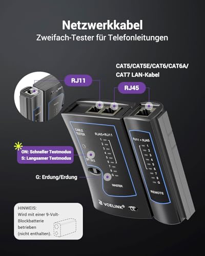 VCELINK Kabeltester, Netzwerktester Kabeltester für RJ45 RJ11 Kabel-Patchkabel-Leitungstester, LAN Tester, Telefon Kabelteser, Schwarz