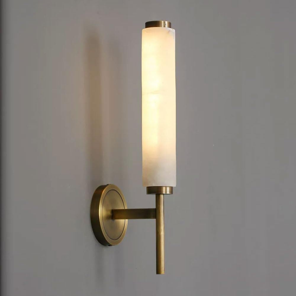 TONFON LED Copper Wall Lamp Cylindrical Natural Alabaster Wall Sconce, Restaurant Lighting Wall Mounted Lamp for Bedroom Bedside Living Room Study Room Corridor Entryway