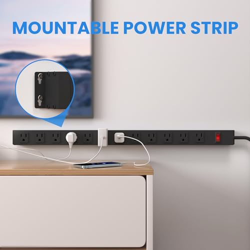 Image of 12 Outlet Long Power Strip with 15A Circuit Breaker,Black Wall Mount Heavy Duty Power Strip with 6FT /14AWG /15A /125V Extension Cord for Industrial,Garge,Office,Home and School,Black(6FT)