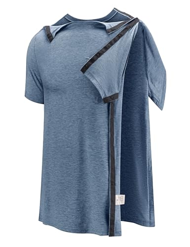 Poriff Men's Post Shoulder Surgery Recovery Shirts Full Tear Away Short Sleeve Snap Chemo Port Access Shirt2