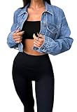 JerXox Women Denim Tops Long Sleeve Cropped Jean Jacket Distressed Frayed Ripped Casual Jean Jacket, Large, W-blue