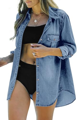 Runcati Womens Button Down Denim Shirt Long Sleeve Roll Up Casual Oversized Jean Shirt Jacket Distressed Tunic Tops4