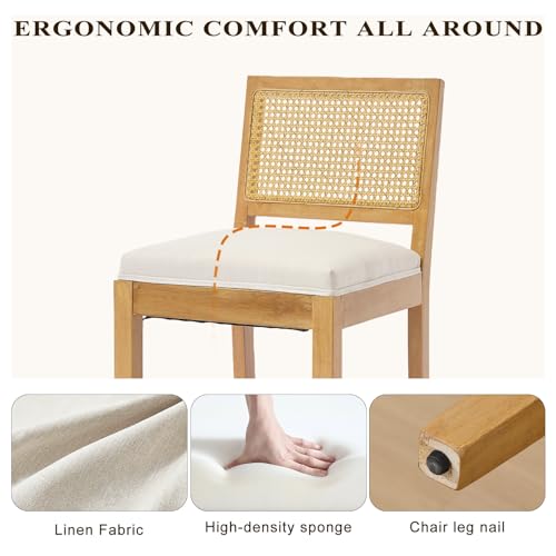 Butacos de altura para barra en mimbre, set de 4 unidades, respaldo de caña, estilo granja, cojín tapizado en lino, patas de madera maciza, estilo moderno de mediados de siglo, color beige miniatura 5