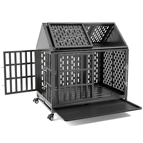 Huddycove 38 Inch Heavy Duty Dog Crate with Self-Locking Latch for High Anxiety Dogs, Indestructible Large Kennel Indoor with Pointed Roof, Removable Trays and Lockable Wheels, Chew Proof Cage