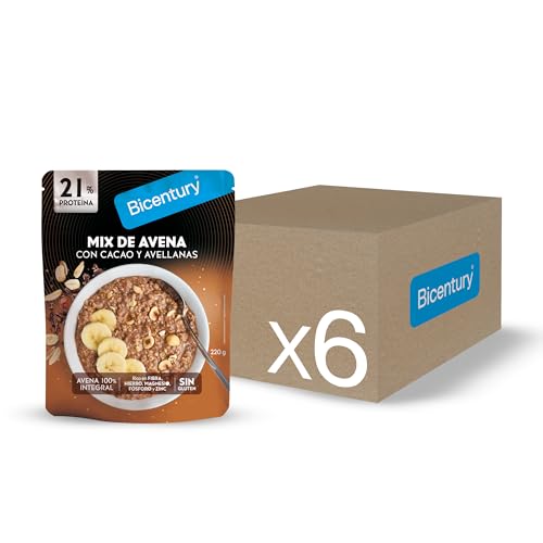 Bicentury Mix de Avena con Cacao y Avellanas, Rico en fibra, hierro, magnesio, fósforo y zinc, Sin gluten, Optimo para tus desayunos, Caja de 6 x 220 g