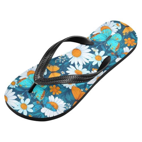ALAZA Beautiful Butterflies White Daisies Flip Flops for Women Fashion Beach Slippers Comfort Mens Flip Flops Non-Slip Rubber Shower Slippers Sandal for Hotel Travel Sport,XS2