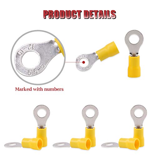 Hilitchi 100Pcs 12-10Awg Insulated Terminals Ring Electrical Wire Crimp Connectors (Yellow - M6) (Yellow - M6) #TOP3