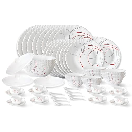 Image of Larah by Borosil Boro Fluted Series Opalware Dinner Set | 63 Pieces for Family of 8 | Microwave & Dishwasher Safe | Bone-Ash Free | Crockery Set for Dining & Gifting | Plates & Bowls | White