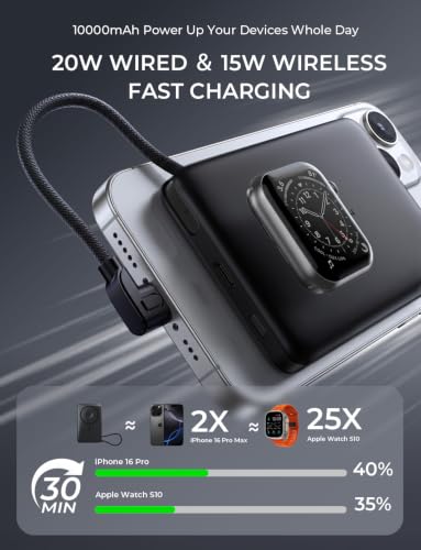 Image of LISEN 0.5'' Ultra Slim MagSafe Power Bank for iPhone and Apple Watch,10000mAh MagSafe Battery Pack,Alloy Magnetic Portable Charger for iPhone 16 Pro Max Plus /15, Apple Watch S11 /S10 S9 SE,Black