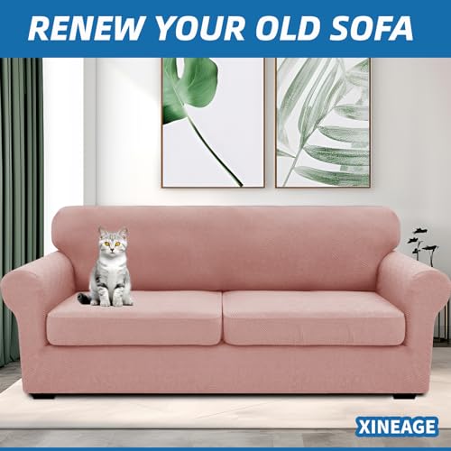 XINEAGE New 3 Pieces Couch Covers for 2 Extra Large Cushion Sofa Super Stretch Sofa Cover for 2 Large Seat Universal Loveseat Slip Cover for Living Room (Dusty Pink), 71"-91"(2 Cushions)
