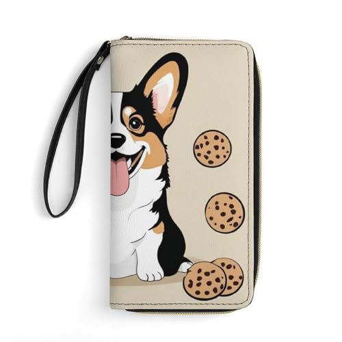 Womens Wallet, Waterproof PU Leather Wallet, Large Capacity Credit Card Holder Funny Corgi Dogs Cookies Coin Zipper Clutch Purse