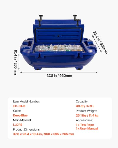 Image of VEVOR Floating Cooler 40 QT Floating Ice Chest with Wheels & Tow Rope, Premium LLDPE Amphibious Beverage Cooler for Water & Land, Stable Cruising on Lake, River, Seashore, Beach, Kayak