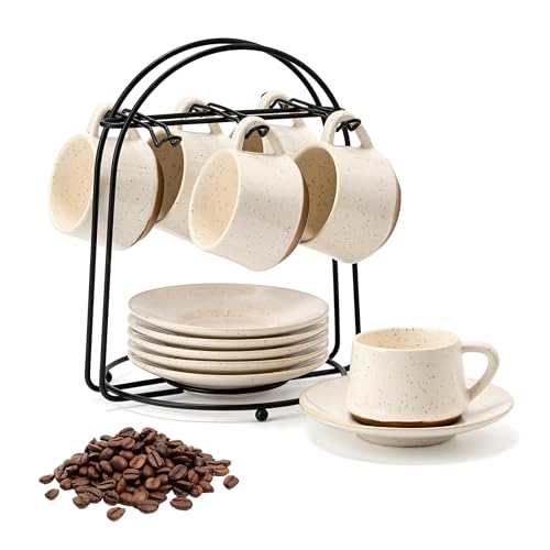 PORCER 6×130 ml (4 4 oz) Keramik-Kaffeetasse und Untertasse mit schwarzem Metallständer stapelbare Cappuccino- und Espressotassen für spezielle Kaffeegetränke Latte Americano Tee - lustige Farbe