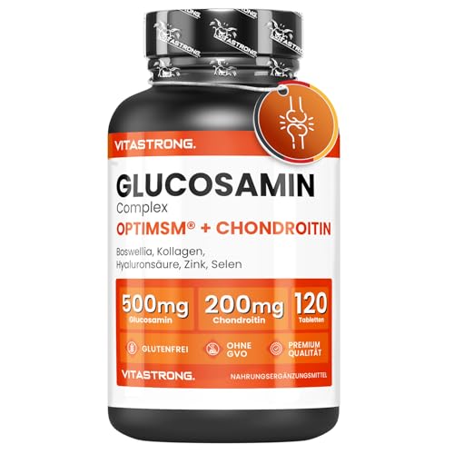 Vitastrong Glucosamin Chondroitin MSM Komplex mit Kollagen, Hyaluronsäure, Zink, Selen, Mangan & Boswellia, 120 Tabletten, Premium Gelenk, Knochen- & Knorpel-Formel, Glutenfrei & Ohne Gentechnik