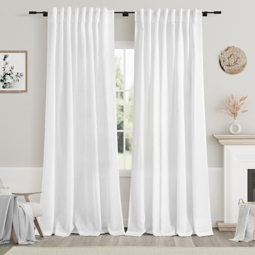 Image of Nanspring White Semi Sheer Curtains 84 Inch Length 2 Panels Set Back Tab Rod Pocket Flax Linen Cotton Textured Curtains for Living Room Dining Room White Light Filtering Window Curtain Drapes 60x84