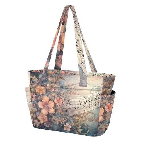 Bolso Tote de Tela Para Mujer con Estampado Floral y Musical miniatura 4