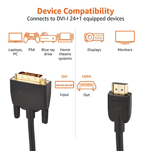 Image of Amazon Basics HDMI to DVI Adapter Cable, Bi-Directional 1080P, Gold-Plated Connectors, 10 ft /3 m, Black (Pack of 2)