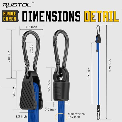 Image of Bungee Cords with Hooks, 48 Inch Adjustable Blue Bungee Cords with Carabiner Heavy Duty Outdoor, 8mm Thick Easy to Adjust Bungee Rope UV Resistant for Truck Bed, Bike Rack, Trash Can, Moving, 6 Pack