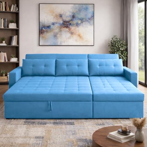 Image of Emilio 4 Seater RHS L - Shape Pull-Out Sofa Cum Bed Sofa for Living Room (Turquise Fabric Color) Premium Fabric Sofa Set for Living Room Sofa Cum Bed