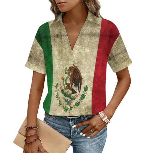 DQJUWQP Mexican Flag Women Short Sleeve Collared Casual Fashion Loose Fit Soft Comfort Daily Wear Tops X-Small
