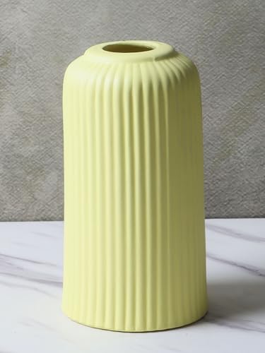 Image of KREATIVE ART'S Modern Ribbed Design Ceramic Flower Vase for Living Room, Flower Pots for Artificial Flower, Home Decoration Item, Home Decor, Vases for Living Room (Yellow, Small)