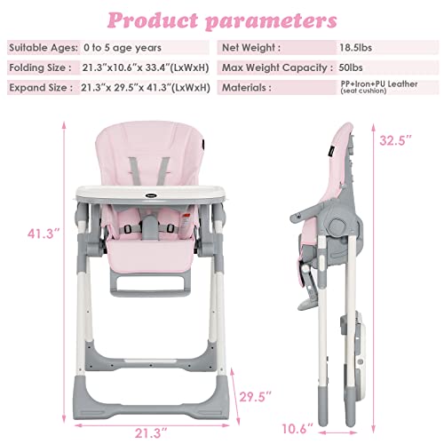 Infans High Chair For Babies & Toddlers, Foldable Highchair With Multiple Adjustable Backrest, Footrest And Seat Height, Removable Tray, Detachable Pu Leather Cushion, Built-In Rear Wheels (Pink) #TOP6