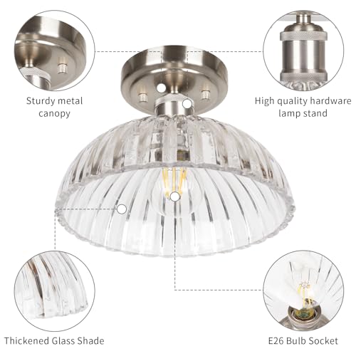 Image of JYZ Semi Flush Mount Ceiling Light, Brushed Nickel Ceiling Light Fixture with Ribbed Glass Shade, Vintage Light fixtures for Hallway, Entryway, Bathroom, Kitchen, Bedroom