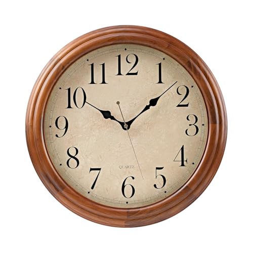 16 Inches Wooden Wall Clock with Retro Design, Large Round Wood Wall Clock with Big Arabic Numerals, Battery Operated Silent Non-Ticking Brown Clock for Living Room, Kitchen, Bedroom.
