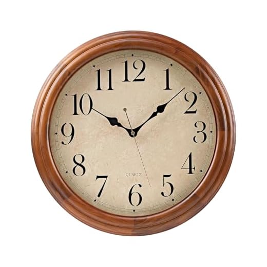 16 Inches Wooden Wall Clock with Retro Design, Large Round Wood Wall Clock with Big Arabic Numerals, Battery Operated Silent Non-Ticking Brown Clock for Living Room, Kitchen, Bedroom.