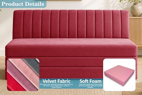 Image of 3-Seater Foldable Floor Sofa Bed with, Modern Velvet Fabric Folding Couch for Living Room, Guest Room & Small Spaces-Red