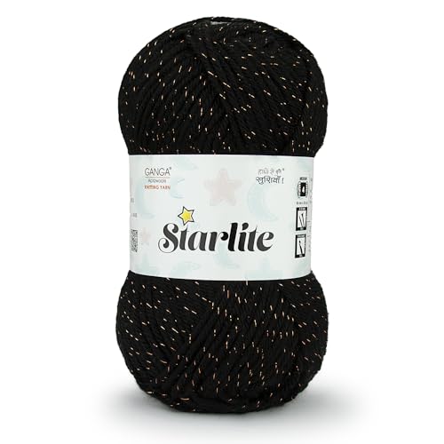 Image of Ganga Acrowools Acrylic Starlite, 99% Anti Pill Yarn 1% Metal, Hand Knitting Yarn Oekotex Class1 Certified (Stl011 - Jet Black), 100 Gram