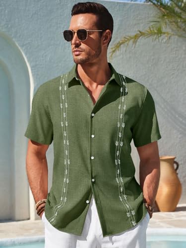 Runcati Mens Short Sleeve Guayabera Shirts Button Down Cuban Casual Mexican Shirts Summer Beach Wedding Linen Tops2