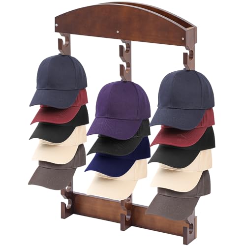 Wooden Hat Racks for Baseball Caps, 30 Slots, Baseball Hat Display Racks Vertical Wall Vertical Cap Holder, Organizer Wood Cap Hanger for Bedroom Living Room Entryway, Brown