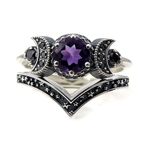 FORUBUS Triple Moon Star Goddess Rings Set, 2-in-1 Purple Red Crystal Crescent Pentagram Rings for Women Jewelry