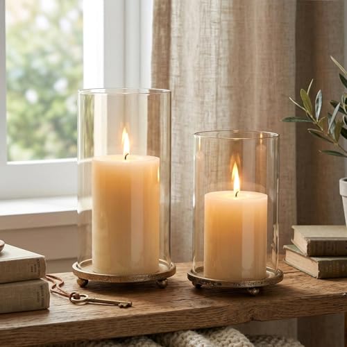 Hurricane Candle Holders Set of 2 - Pillar Candle Stands with Glass Sleeves for Fireplace Mantel & Dining Table Centerpiece Decor (Gold)