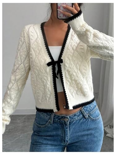GORGLITTER Women's Tie Front Cropped Cardigan Dressy Fall Sweaters Long Sleeve Knit Crochet Tops3