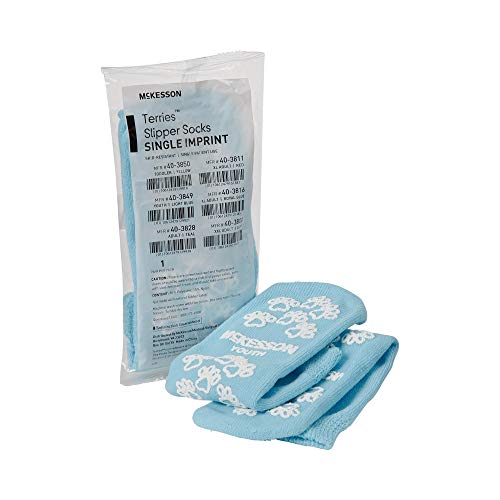 McKesson Terries Slipper Socks [48 Pairs], Non Slip Grip Hospital Socks, Youth Size, Unisex Grippy Slipper, Light Blue, Single Tread, Soft and Breathable Terry Cloth Inner