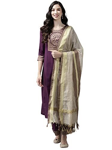 Image of INDO ERA Women's Cotton Blend Yoke Design Straight Kurta with Pant & Dupatta Set