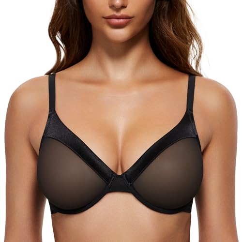 Wingslove Women's Sheer Lace Bra Demi Through Mesh Bralette Unlined Underwire Support Non Padded (Black,38DD)
