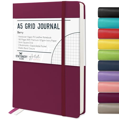STATIONERY ISLAND A5 Squared Notebook Graph Paper Notebook with 120gsm Premium Thick Paper 180 Pages Hardback Grid Notebook for Planning Diary Journaling
