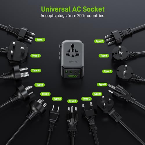 Image of Epicka Pulse Duo 45W Universal Travel Adapter, International Power Adapter with PD & QC 3.0 Fast Charging for 2 Devices Simultaneously, European Travel Plug Adapter, Travel Essentials (Black)