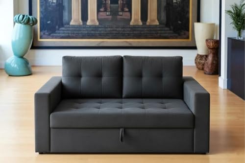 Image of FURNY Tressa 2 Seater Fabric Pull-Out Sofa Cum Bed (Dark Grey) - Premium Velvet Finish - Durable Comfort - Ideal for Living Room