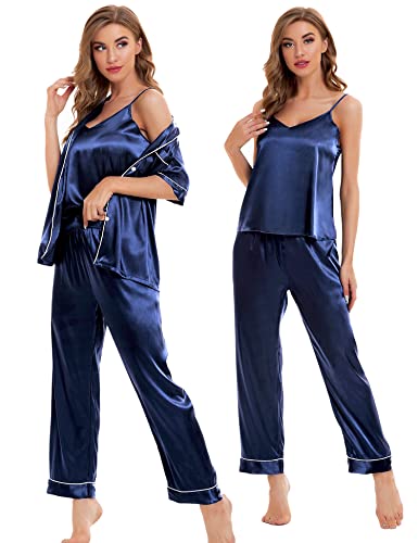 Image of SWOMOG Womens Silk Satin Pajamas Sets 4pcs Sleepwear Sexy Cami Shorts Set and Button Down Short Sleeve Pjs Loungewear